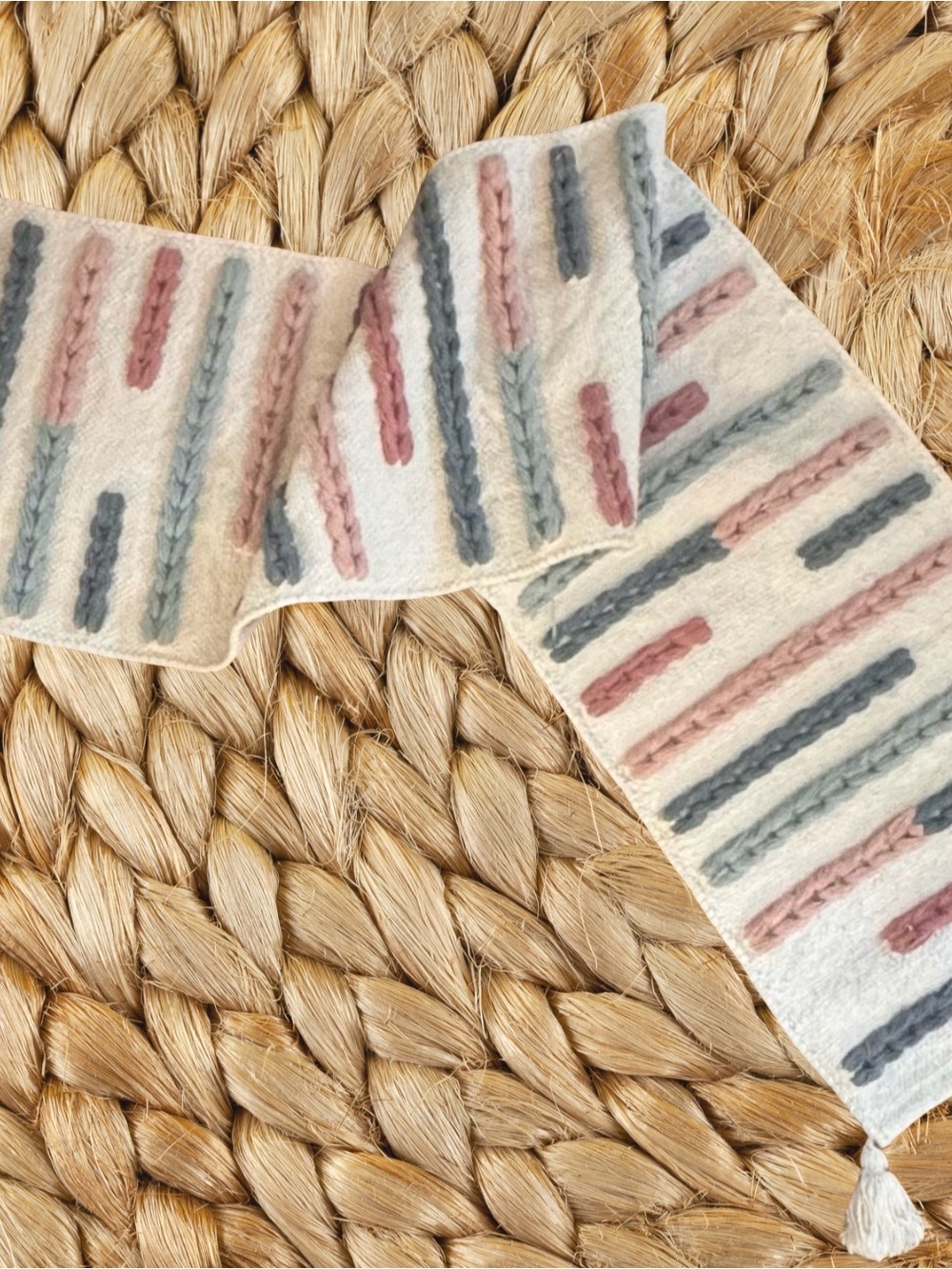 Boho Tufted Table Runner 14 x 72 Cream Green Mauve Tassels